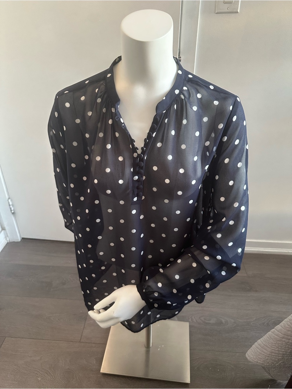 Banana Republic Navy and White Polka Dot Button-Front Blouse